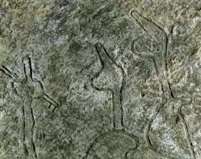 Prehistory, rock art: petroglyph of a hunting scene representation. Neolithic, Stone Age. Baku, Azerbaijan State Religion History Museum by Prehistoric Prehistoric