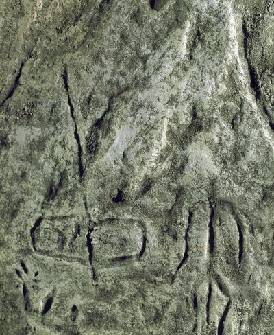 Petroglyph (graffiti on stone) of a representation of a boat and a human figure. Neolithic, Stone Age. Bronze age. Azerbaijan State Religion History Museum, Baku by Prehistoric Prehistoric