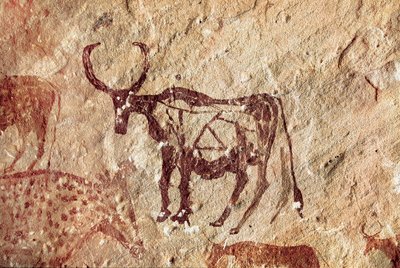 Rock painting: representation of a cervid. Cave of Tadrart Acacus Libya by Prehistoric Prehistoric