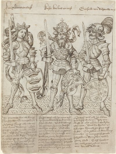 King Arthur, Charlemagne and Godfrey of Boulogne by Primary Master of the Strassburg Chronicle