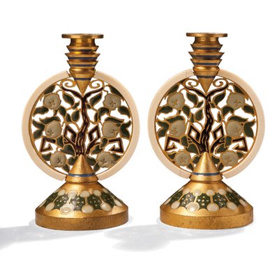 A pair of gilt bronze enamel and ivory candlesticks, c.1907 by Princess Maria Tenisheva