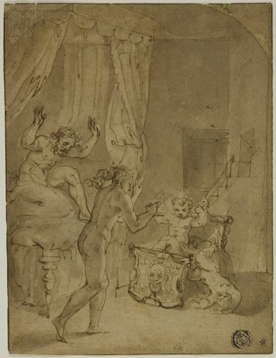 The Infant Hercules Strangling Serpents in His Cradle (recto); Crowned Woman Kneeling in Landscape, and Other Sketches (verso) by Prospero Fontana