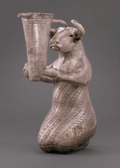 Kneeling Bull Holding a Spouted Vessel by Proto Elamite Proto Elamite