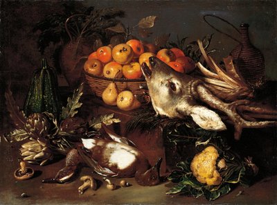 Mushrooms, Artichokes, a Basket of Apples and a Cabbage with Dead Game on a Ledge by Pseudo Salini