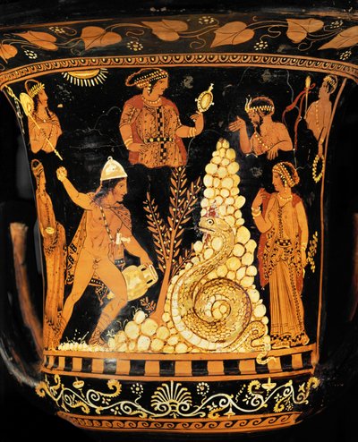 Red-Figured Crater: King Cadmos, an Amphora in One Hand, Throws Stones at the Dragon by Python Python