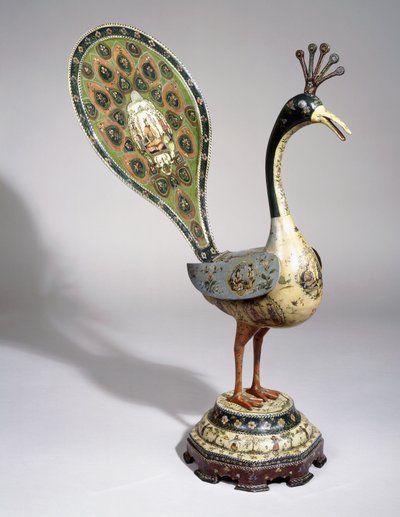 A Qajar peacock painted with flower designs, and pictorial cartouches depicting courtiers by Qajar School