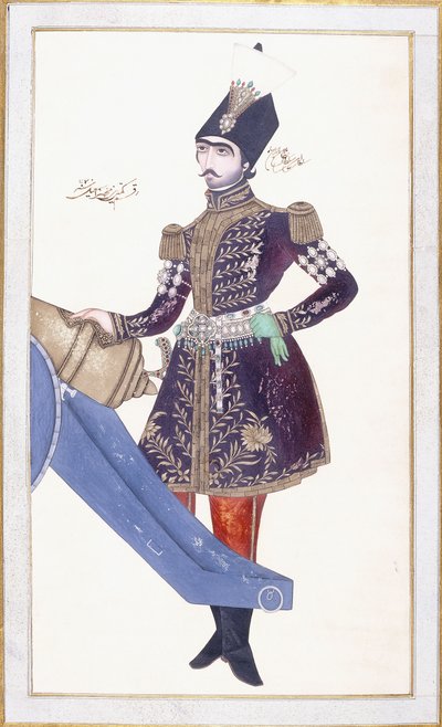 Portrait of Nasir al-Din Shah, Hand Resting on a Cannon by Qajar School