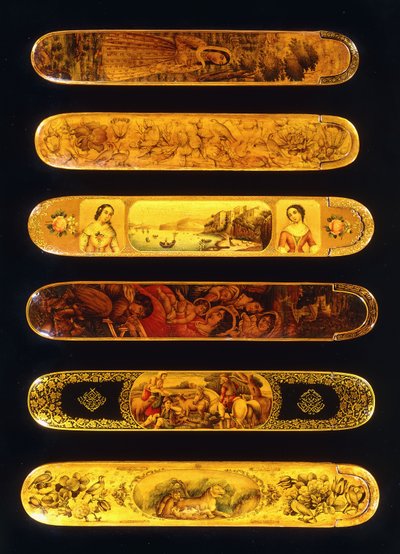 Six Papier Mache Polychrome Lacquer Qalamdans by Qajar School