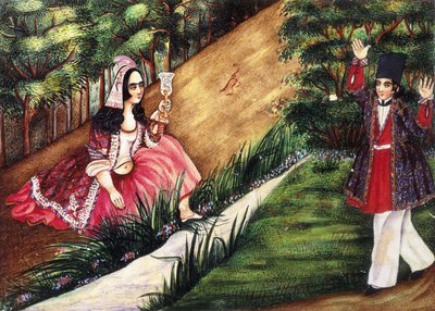 Youth Comes Upon a Girl by a Stream by Qajar School