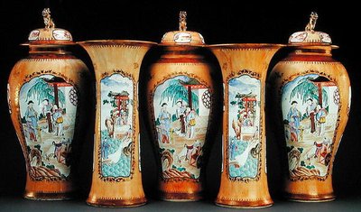 A cafe au lait ground famille rose five-piece garniture, Qianlong Period by Qing Dynasty Chinese School