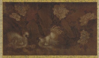 Cock, hen and chickens near peony shrubs by Qing Dynasty Chinese School