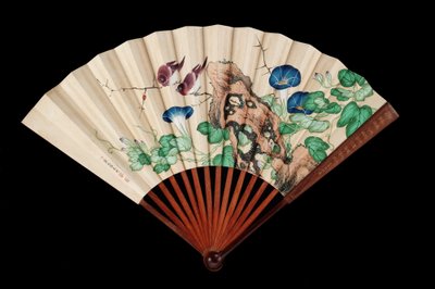 Fan decorated with small birds and morning glories by Qing Dynasty Chinese School