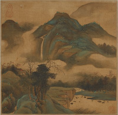 Gazing at a waterfall from a mountain hut by Qing Dynasty Chinese School