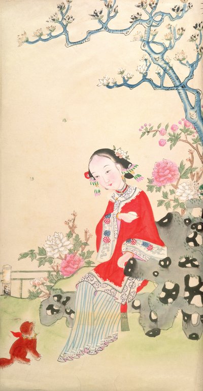 Girl seated on a rustic rock chair by Qing Dynasty Chinese School