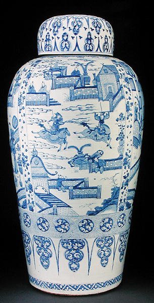 One of a pair of blue and white soldier vases by Qing Dynasty Chinese School