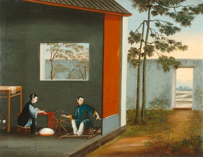 Two Women Spinning by Qing Dynasty Chinese School