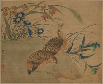 Two quail eating grasshoppers under flowers by Qing Dynasty Chinese School