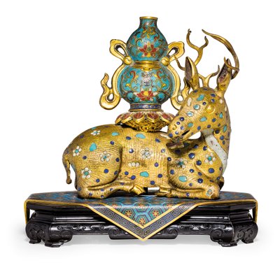 A pair of recumbent deer by Qing Dynasty   Qianlong Period Chinese