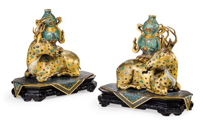 A pair of recumbent deer by Qing Dynasty   Qianlong Period Chinese School