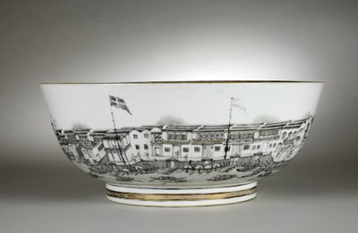 Punch bowl painted with warehouses or Hongs, Canton (Guangzhou) by Qing Dynasty   Qianlong Period Chinese School