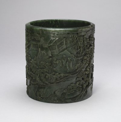 Brushpot with Scholars and Attendants in a Mountainous Landscape by Qing Dynasty Chinese School