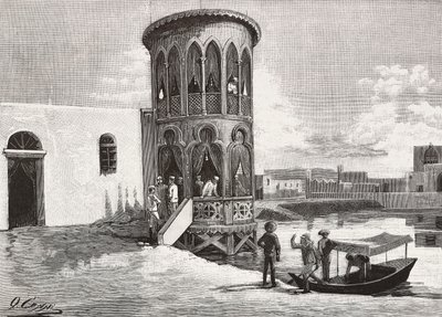 A Moorish small tower hosting the club of the Italian officers, Massawa, Eritrea, engraving from a drawing by Quinto Cenni and a sketch by Pieragostini, from L