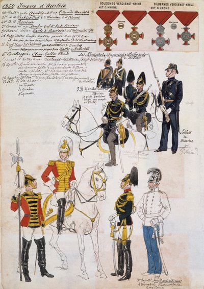 Gendarmes, Navy Soldiers and Officers of 3rd Cavalry Archduke Maximilian Regiment, Austrian Empire Uniforms by Quinto Cenni