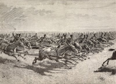 Horse Artillery of the Italian Army passing at full gallop, Lombardy, Italy, engraving from a drawing by Quinto Cenni, from L