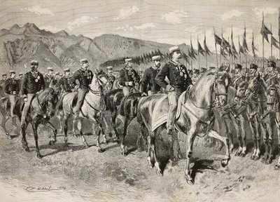 King Umberto I inspecting Florence lancers, with General Martin di Montu behind him, September 28, cavalry exercises in Pordenone, Italy, engraving from drawing by Quinto Cenni, from L
