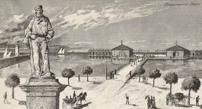Monument in memory of Giuseppe Garibaldi, Italian politician and patriot, and bathing establishment in the background, Cesenatico, Italy by Quinto Cenni