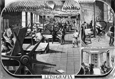 Offices of Treves brothers, lithograph department, Milan, Italy, illustration by Quinto Cenni from L