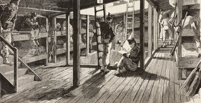 Soldiers below deck in dormitory, ship Principe Amedeo, Italian expedition in Red Sea by Quinto Cenni