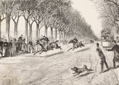 Three resistance officers participating in horse race, Third Savoy regiment, between Milan and Monza, Italy, engraving from drawing by Quinto Cena, from L