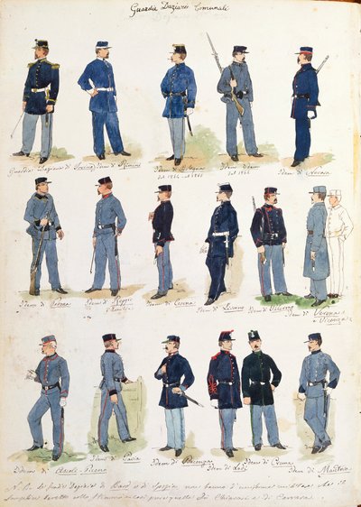 Uniforms of municipal financial guards, color plate by Quinto Cenni