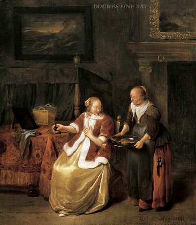 Interior with a Young Woman and a Maidservant Holding a Plate of Fish by Quirijn van Brekelenkam