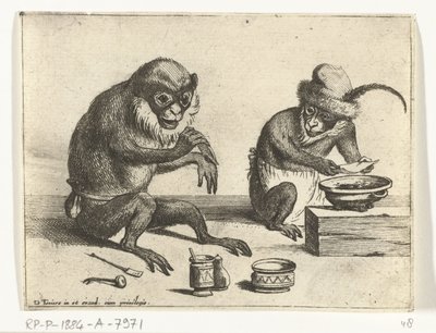 A Monkey Bandaging Another Monkey Various Occupations of Human Life Represented by Monkeys (series title) The Monkey Play in the World (series title) by Quirin Boel