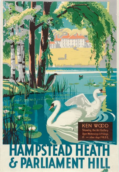 Hampstead Heath and Parliament Hill, London County Council LCC Tramways poster by RF Fordred