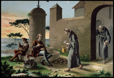 The Arrival of Christopher Columbus with his Son at the Monastery of la Rabida, from The Discovery of America, published in Barcelona in 1878 by R. Puiggari