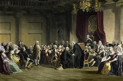 Benjamin Franklin (1706-1790), American philosopher, physicist, and statesman before the Lords of the Privy Council, Whitehall Chapel, London by R. Whitechurch
