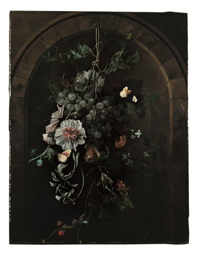 A Swag of Grapes, Hollyhocks, Irises, Mallow, African Marigolds, Clematis, a Horse Chestnut and Blackberries with Butterflies and Other Insects Suspended Before a Stone Arch by Rachel Ruysch