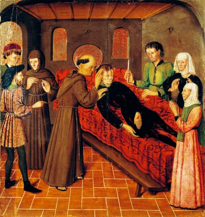 Resurrection of Man Who Died from His Wounds, Detail from Left-Side Panel of St Bernand Altarpiece by Rafael Tomas, Predella by Joan Figuera by Rafael & Figuera Joan (active c.1454 1477) Tomas