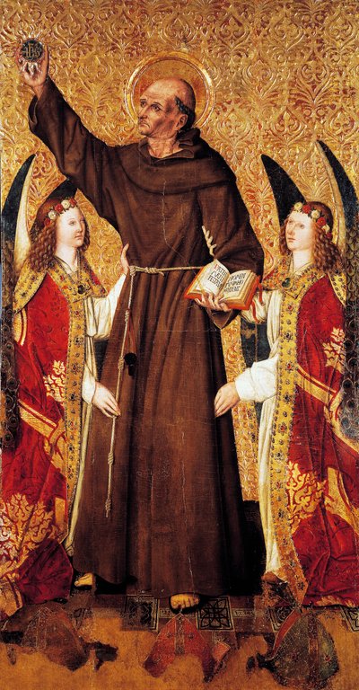 St Bernard and angels, central panel of St Bernard Altarpiece by Rafael Tomas, predella by Joan Figuera, tempera on panel by Rafael & Figuera Joan (active c.1454 1477) Tomas