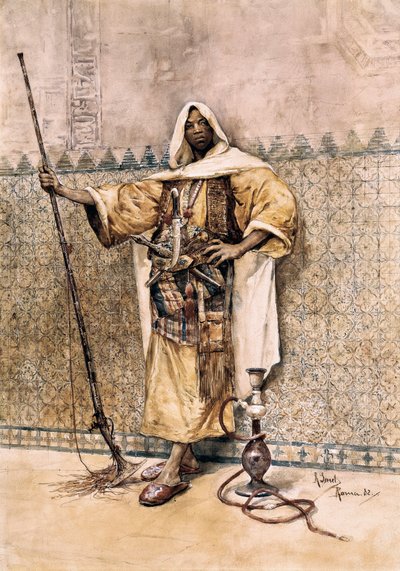 Orientalism: Portrait of an Arab man, soldier weapon, he wears knives at the belt by Rafael Senet