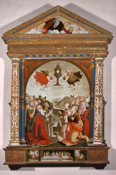 Altarpiece of the Adoration of the Blessed Sacrament, in the Predella: The Last Supper, Saint Sebastian and Saint Roch by Raffaele De (fl.1514 1573) Pancalino