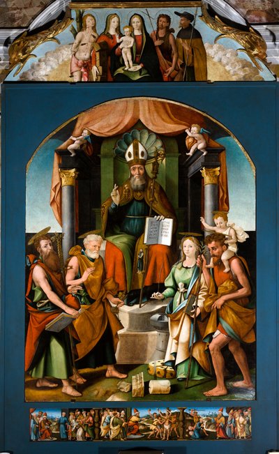 Saint Blaise enthroned between Saints Peter, Paul, Catherine of Alexandria and Christopher, central altarpiece by Raffaele De (fl.1514 1573) Pancalino