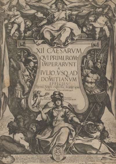 Frontispiece with a trumpeter sounding trumpets seated on top of a cartouche flanked by tr..., 1606 by Raffaello Schiaminossi