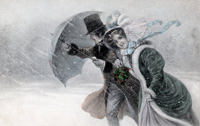 Couple in a snow storm with umbrella end of 19th/beginning of 20th century by Raimund Ritter Von Brennerstein (1862 1925) Wichera