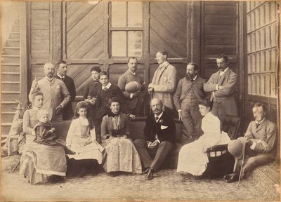 Shimla, 17th May 1887: Viceregal party. Lord William Beresford, Military Secretary, Captain Leonard Gordon A.D.C., Mademoiselle Clerc, The Honorable Basit Blackwood, Major F. R. Hamilton A.D.C., Mr. Oglivie Grant, Sir Donald Mackenzie Wallace K.C.E. by Raja Deen Dayal