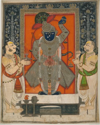 Priests Worshipping Krishna as Shrinathji for Mountain of Food Festival (Annakuta Utsava); Shrine Hanging (Pichhavai) by Rajasthan Kota school