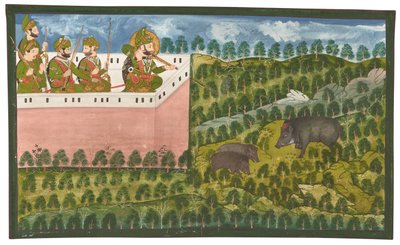 A painting of Maharana Jawan Singh hunting wild boar by Rajasthani School